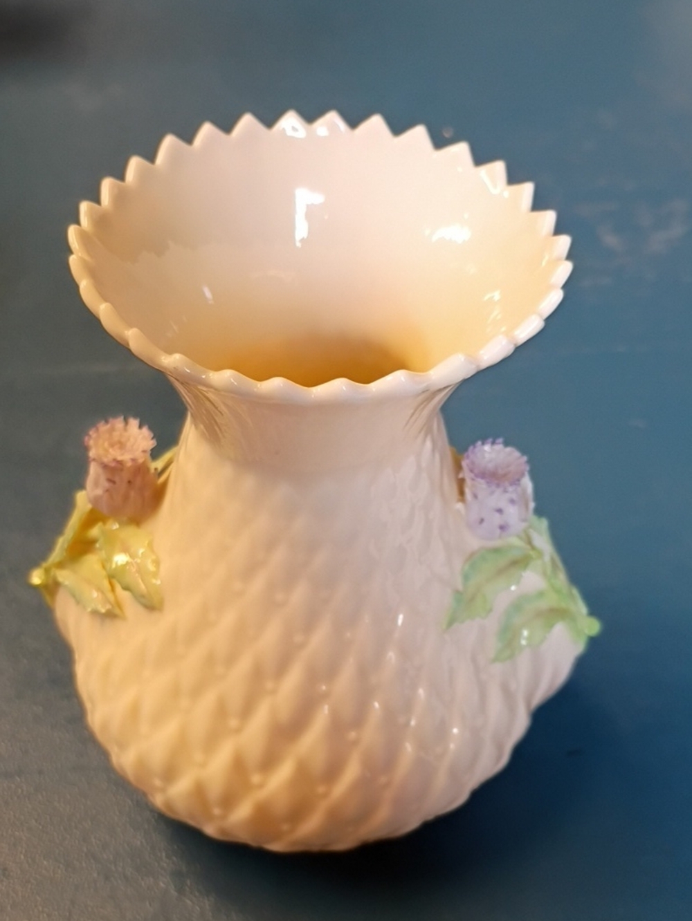 Belleek PotteryCream-White Porcelain Vase with Pastel Floral Appliqués